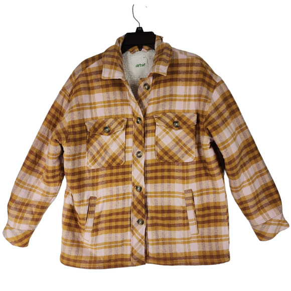 Aerie Shacket Shirt Jacket XS Womens Plaid Flannel Sherpa‎ Lined Button Brown - Picture 1 of 13
